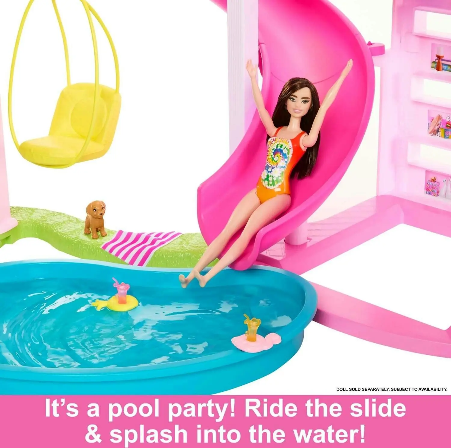 Barbie - Dreamhouse 75+ Pieces Pool Party Doll House With 3 Story Slide - Mattel