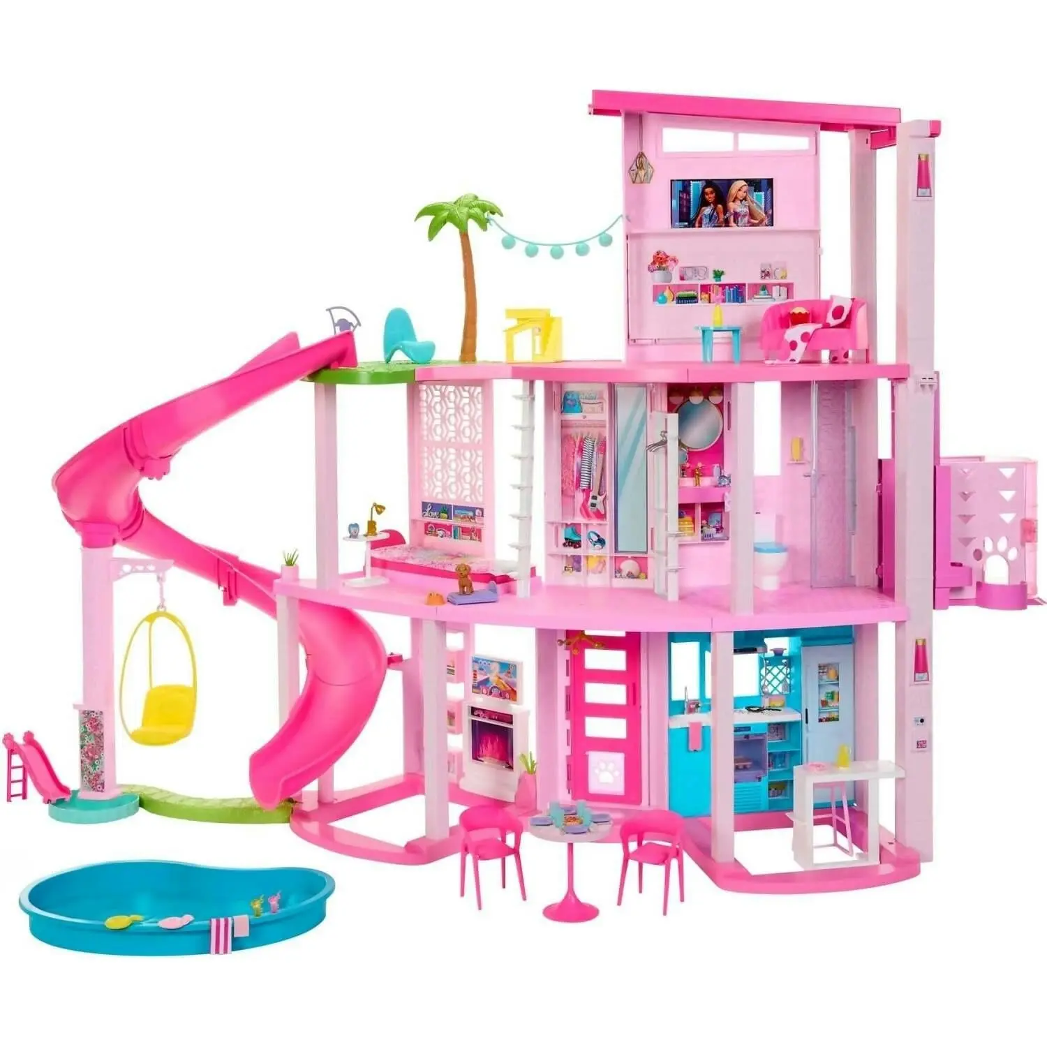 Barbie - Dreamhouse 75+ Pieces Pool Party Doll House With 3 Story Slide - Mattel