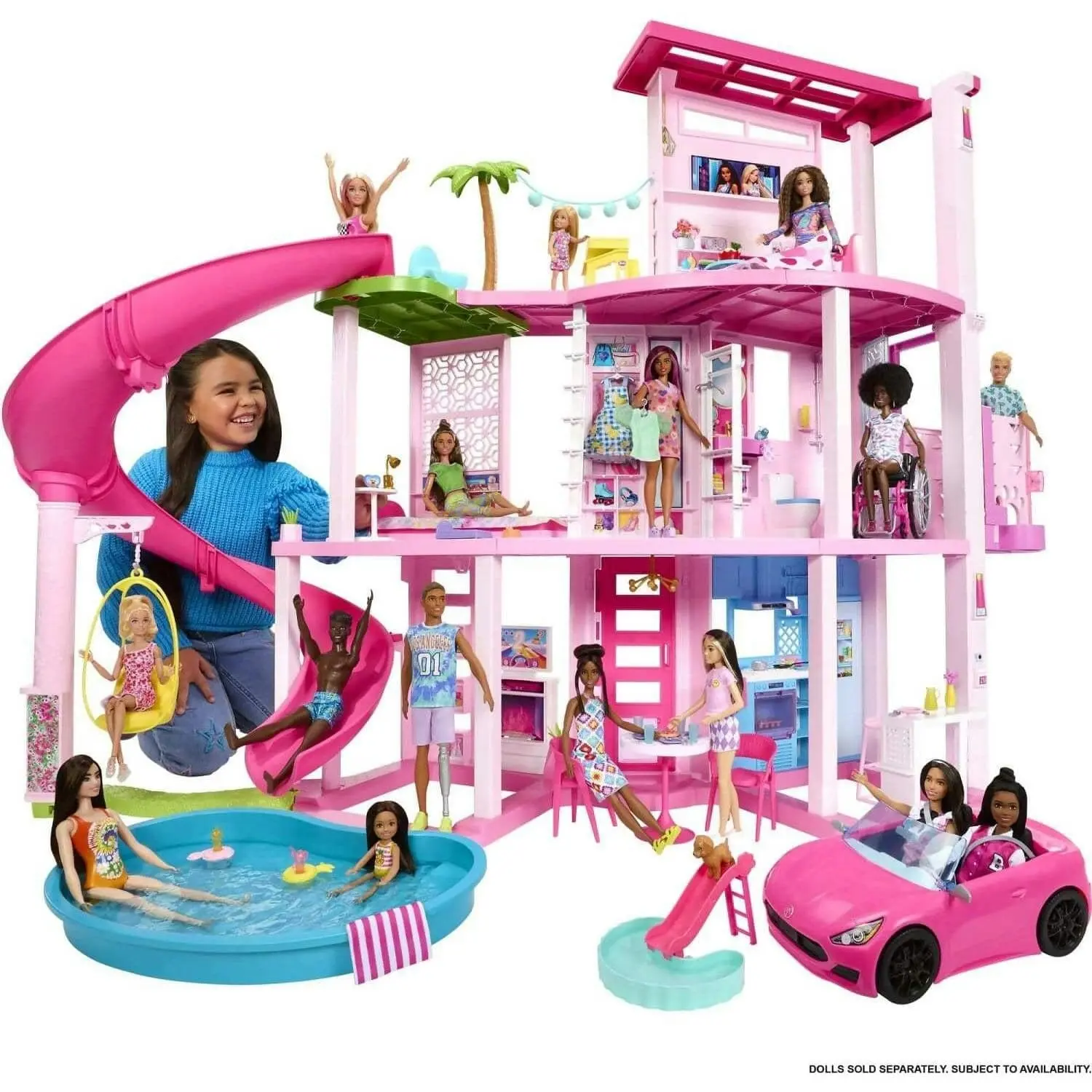 Barbie - Dreamhouse 75+ Pieces Pool Party Doll House With 3 Story Slide - Mattel