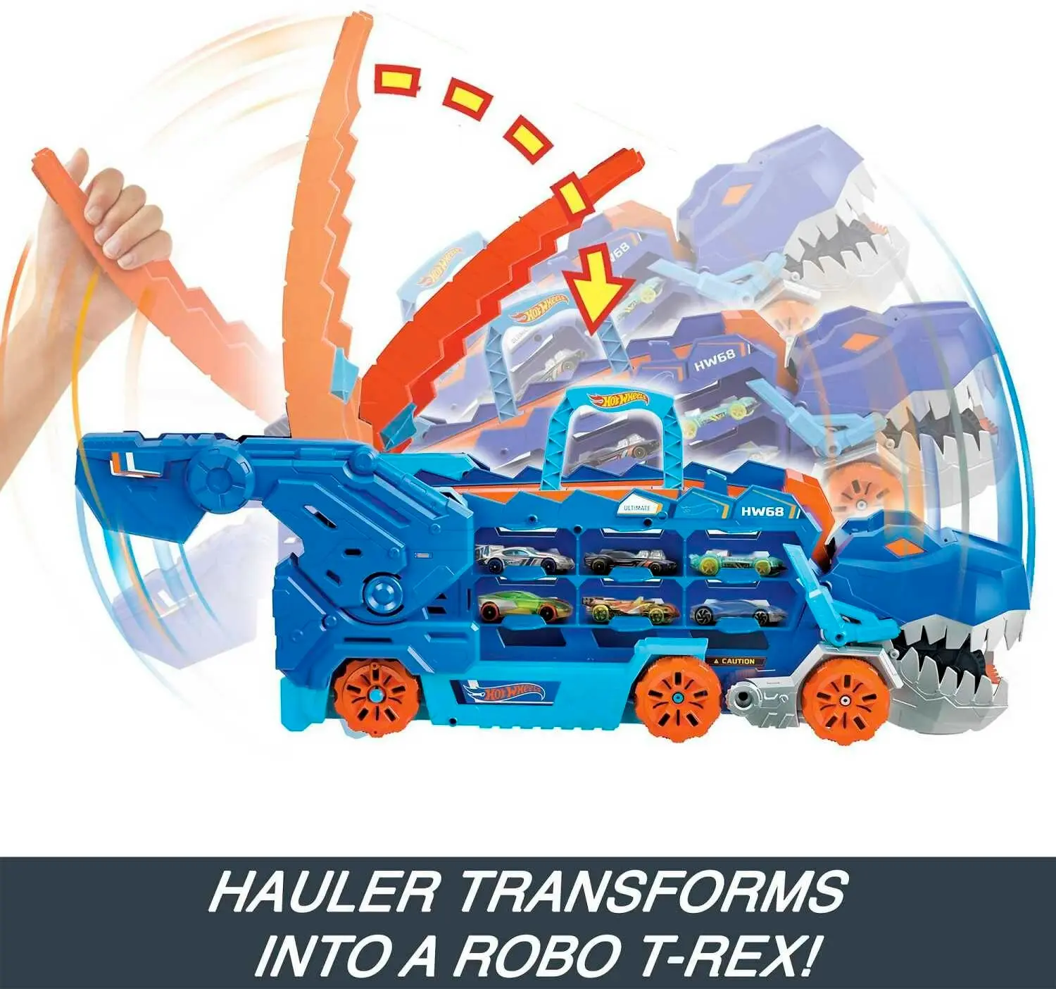 Hot Wheels - City Ultimate Hauler Transforms Into A T-rex With Race Track Stores 20+ Cars - Mattel