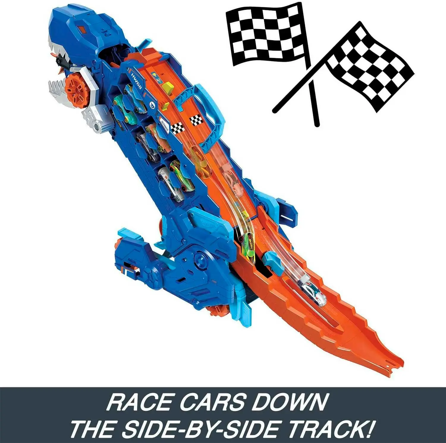 Hot Wheels - City Ultimate Hauler Transforms Into A T-rex With Race Track Stores 20+ Cars - Mattel