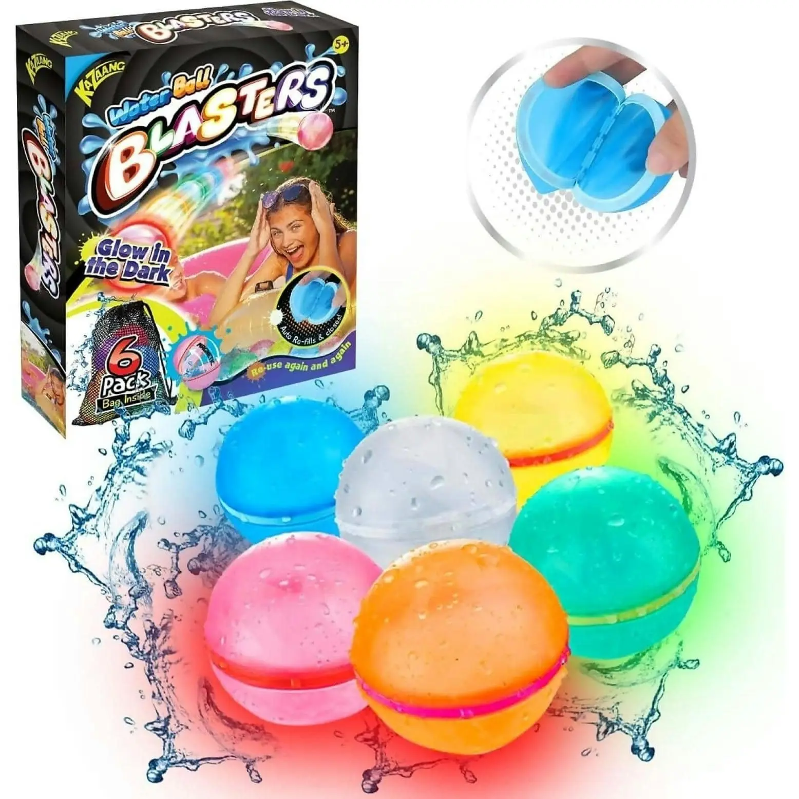 Kazaang - Water Ball Blasters Glow In The Dark 6-pack Reusable Water Balloons