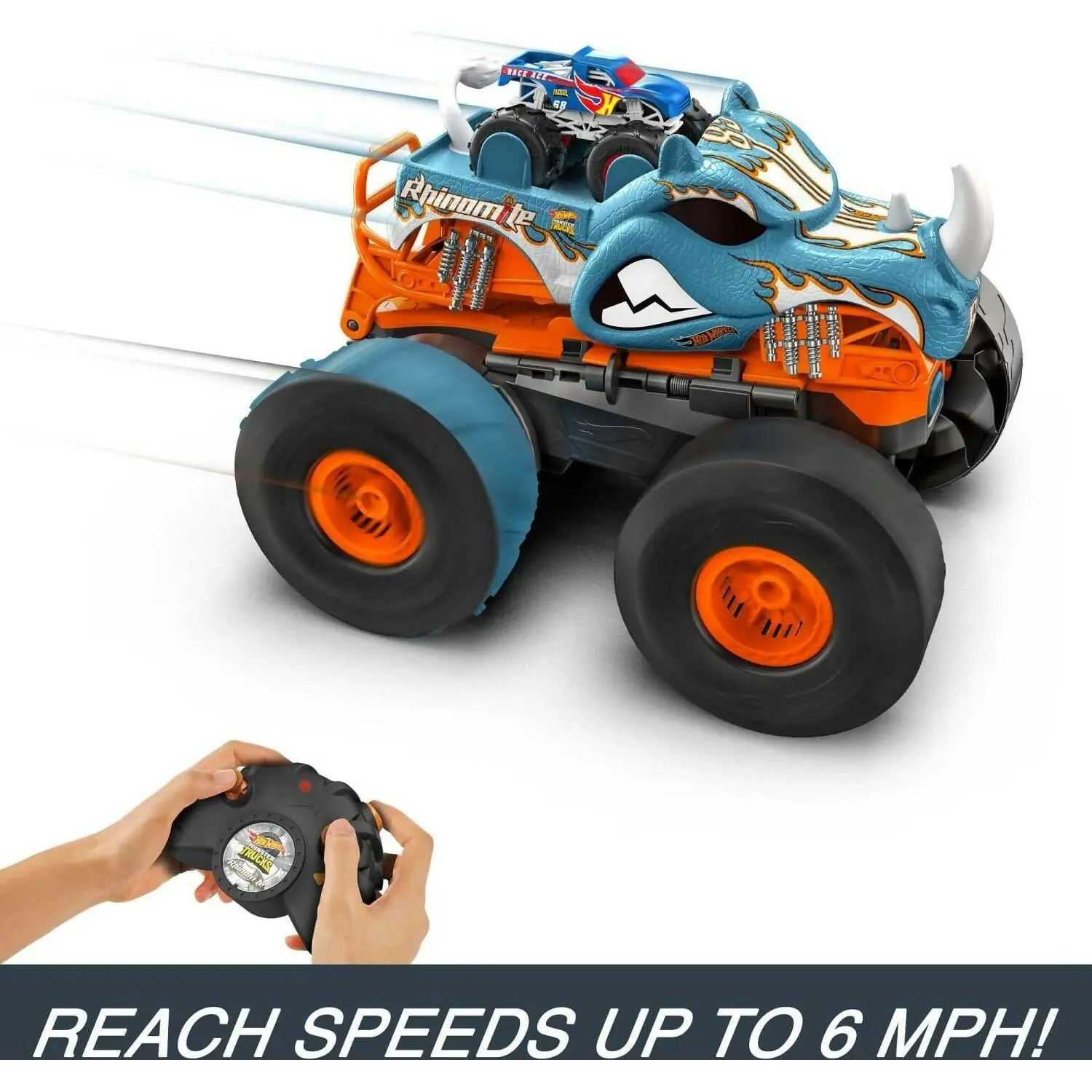 Hot Wheels - Monster Trucks Hw Transforming Rhinomite Rc In 1:12 Scale With 1:64 Scale Toy Truck - Mattel