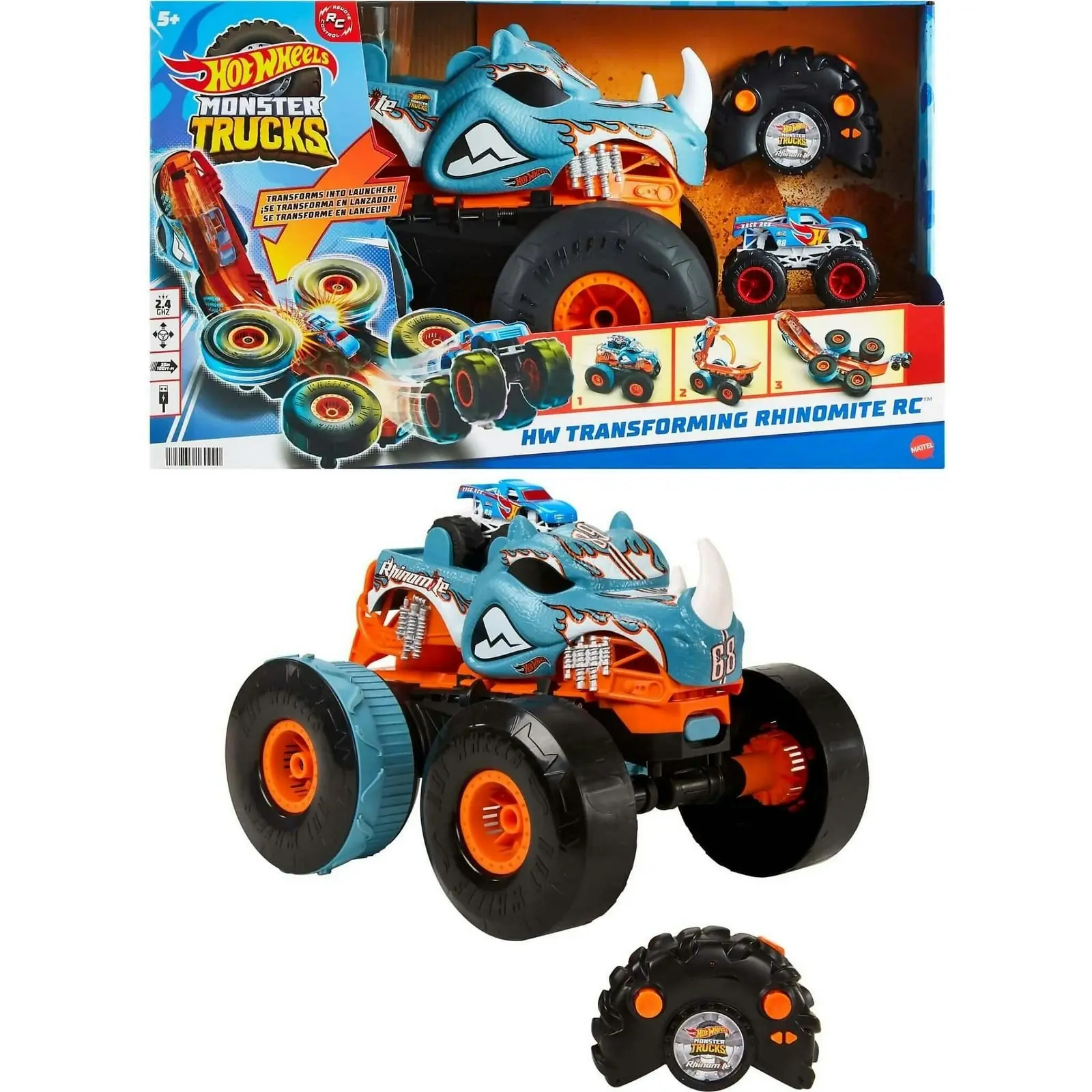 Hot Wheels - Monster Trucks Hw Transforming Rhinomite Rc In 1:12 Scale With 1:64 Scale Toy Truck - Mattel