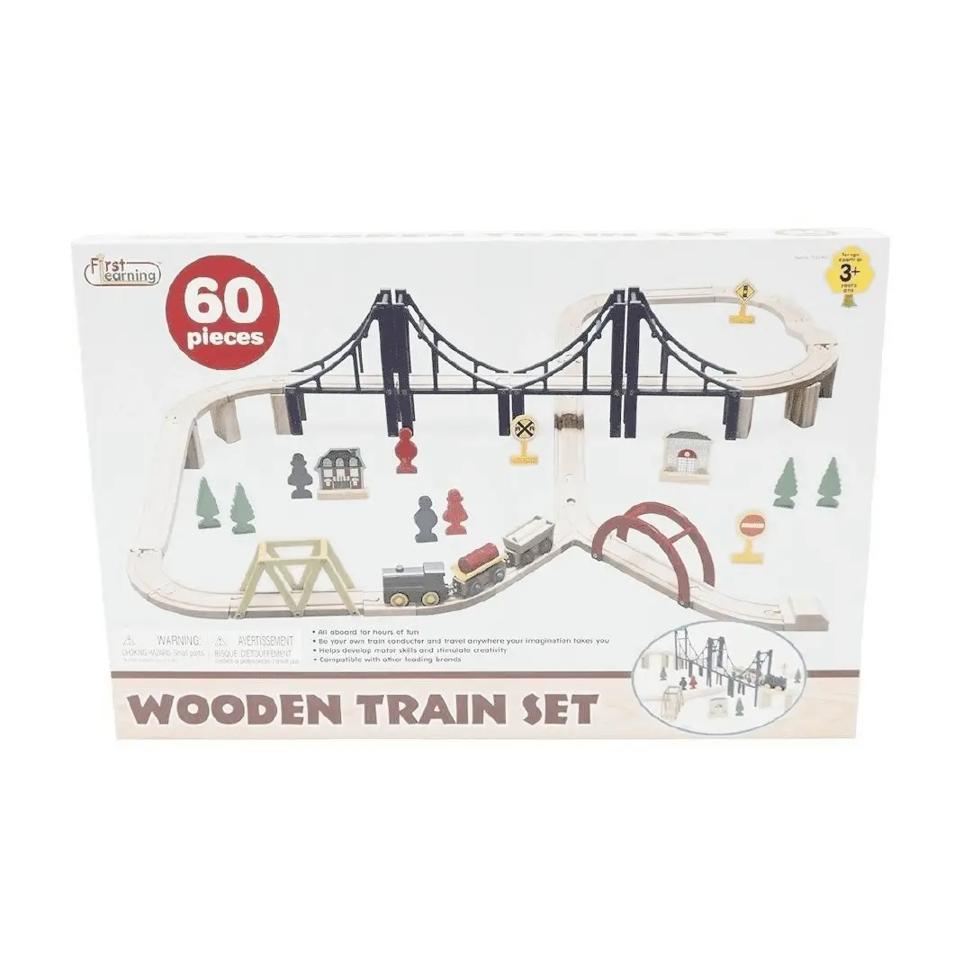 Wooden Train Set With Bridge 60 Pieces