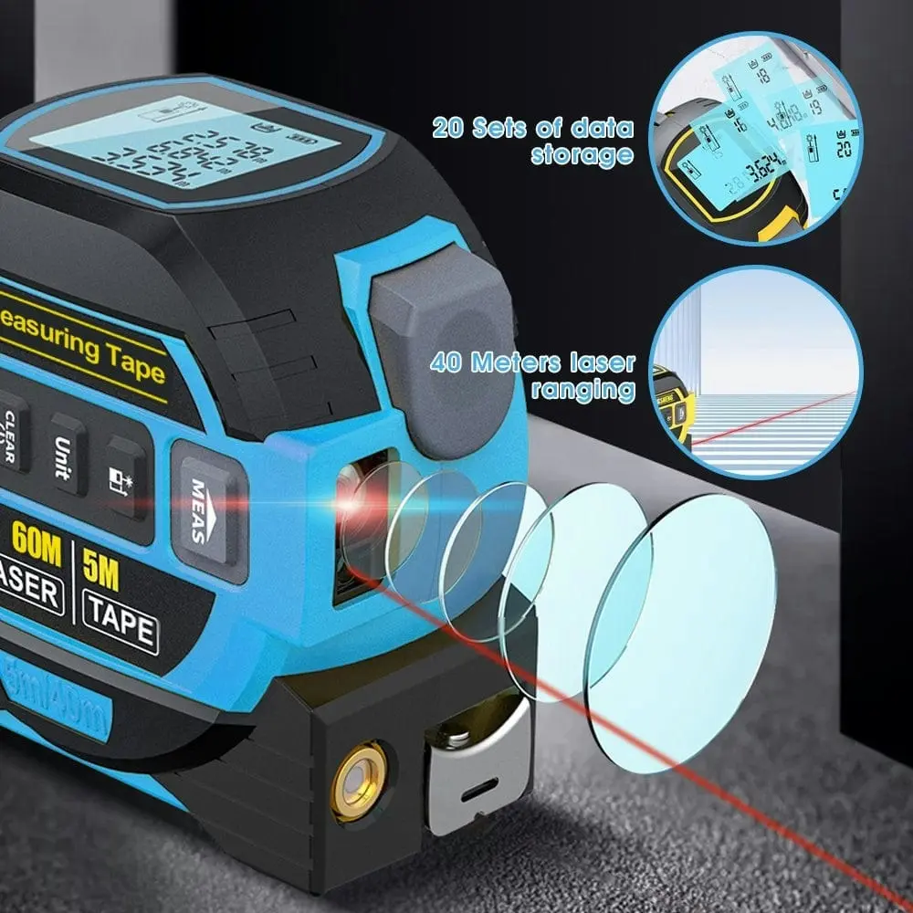 60m Laser Measure, Cross-line Laser Level, 5m Tape Measure Blue