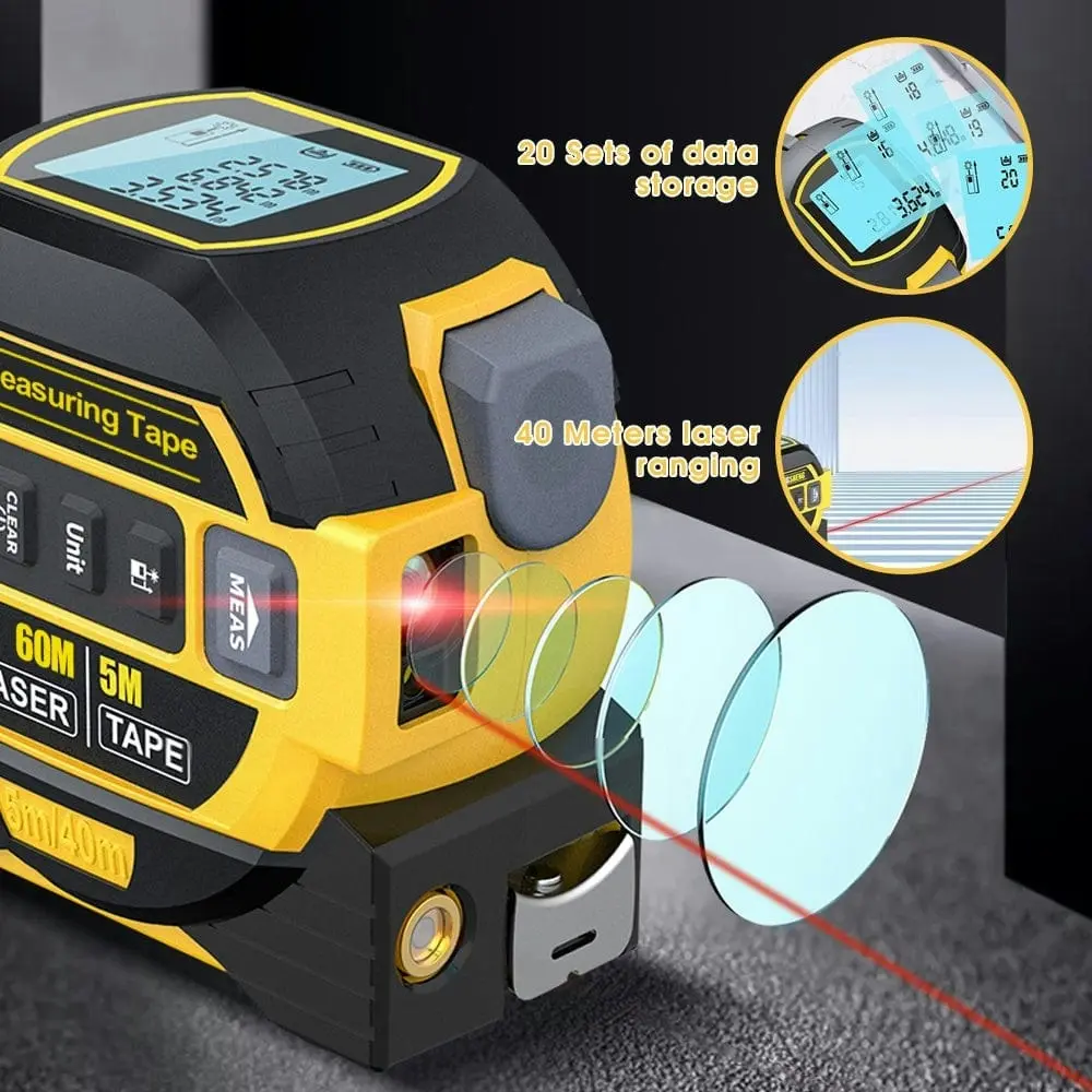 60m Laser Measure, Cross-line Laser Level, 5m Tape Measure Yellow