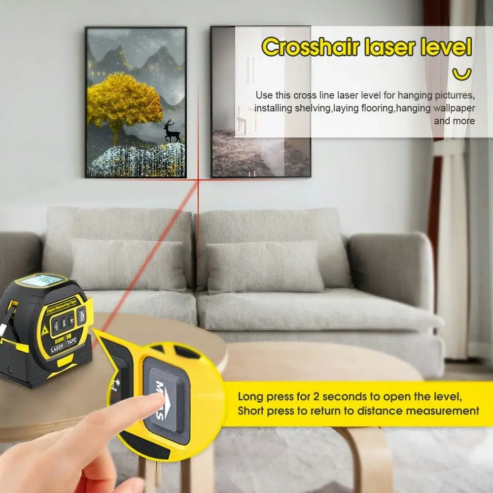 60m Laser Measure, Cross-line Laser Level, 5m Tape Measure Yellow