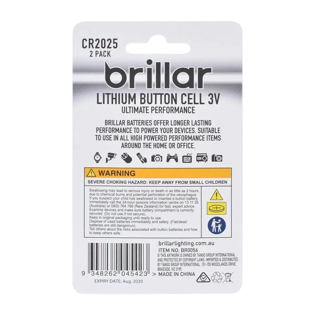 Brillar CR2025 Lithium Button Cell 2pk