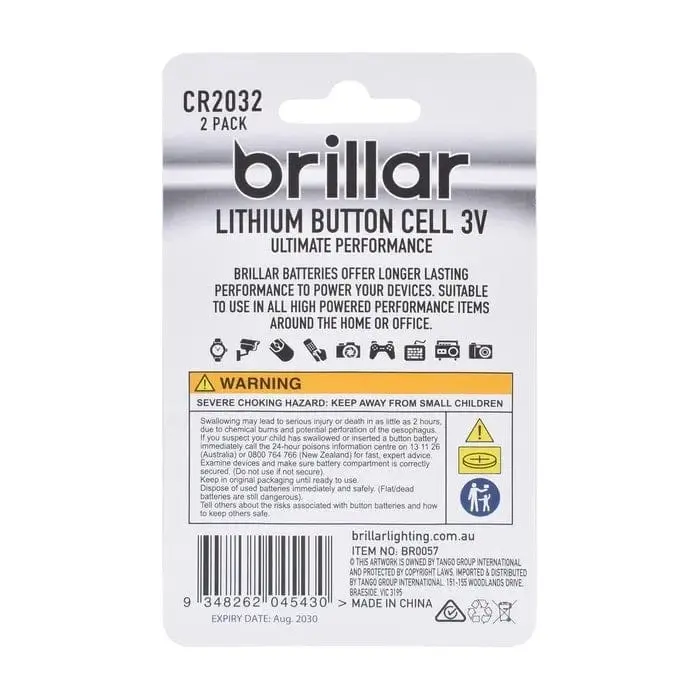 Brillar CR2032 Lithium Button Cell 2pk