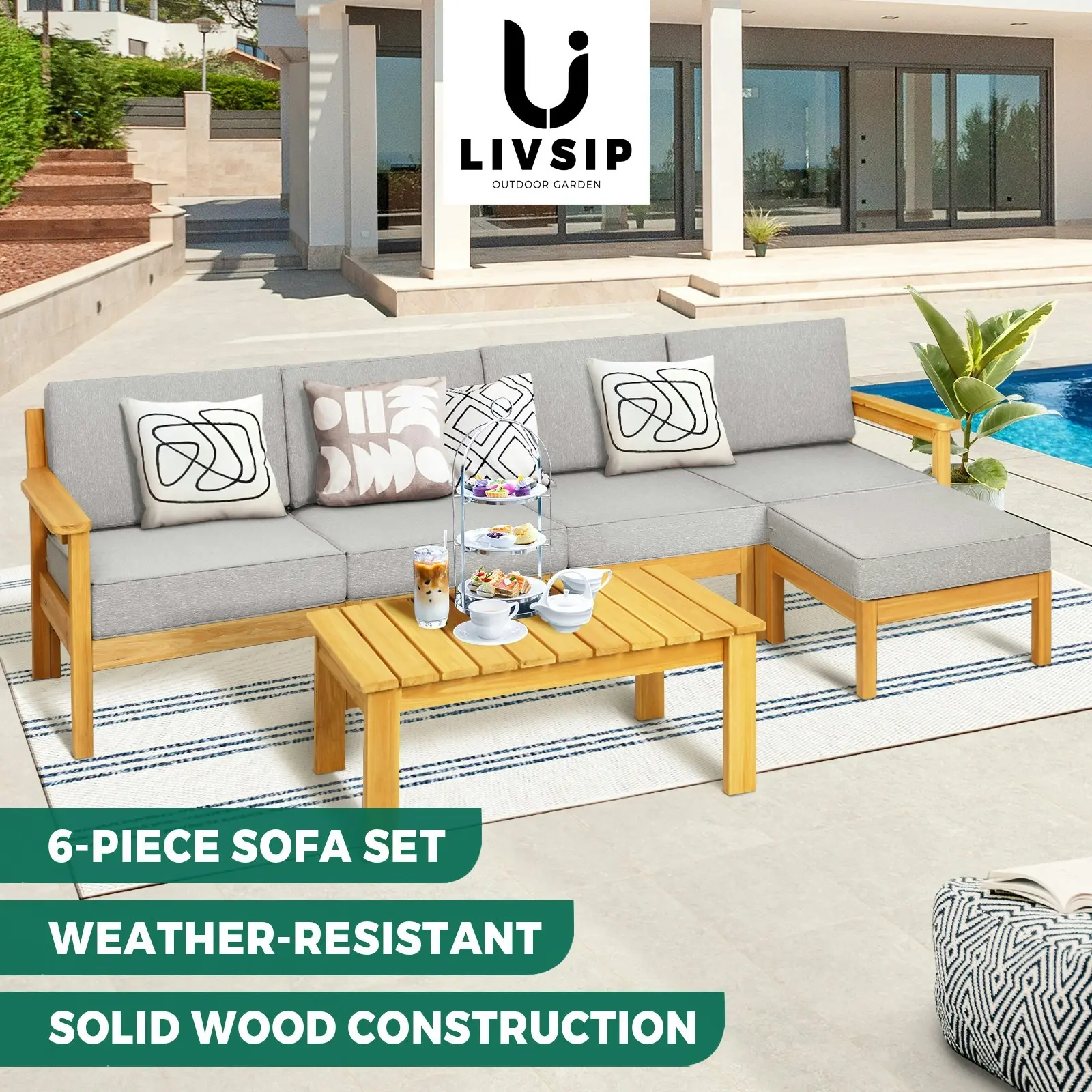 Livsip Outdoor Sofa Setting Garden Lounge Patio Furniture Dining Set 6 Piece