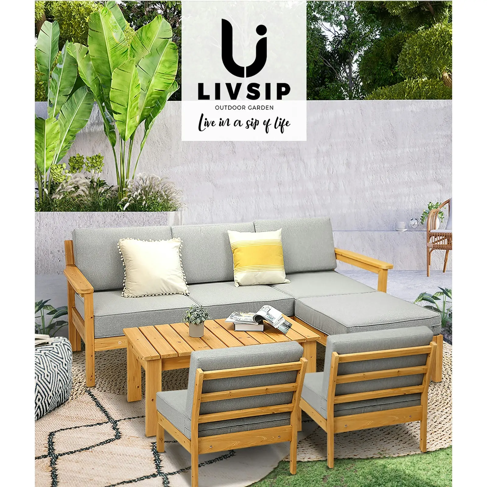 Livsip Outdoor Furniture Garden Wooden Sofa Set Patio Furniture Setting 7-Piece