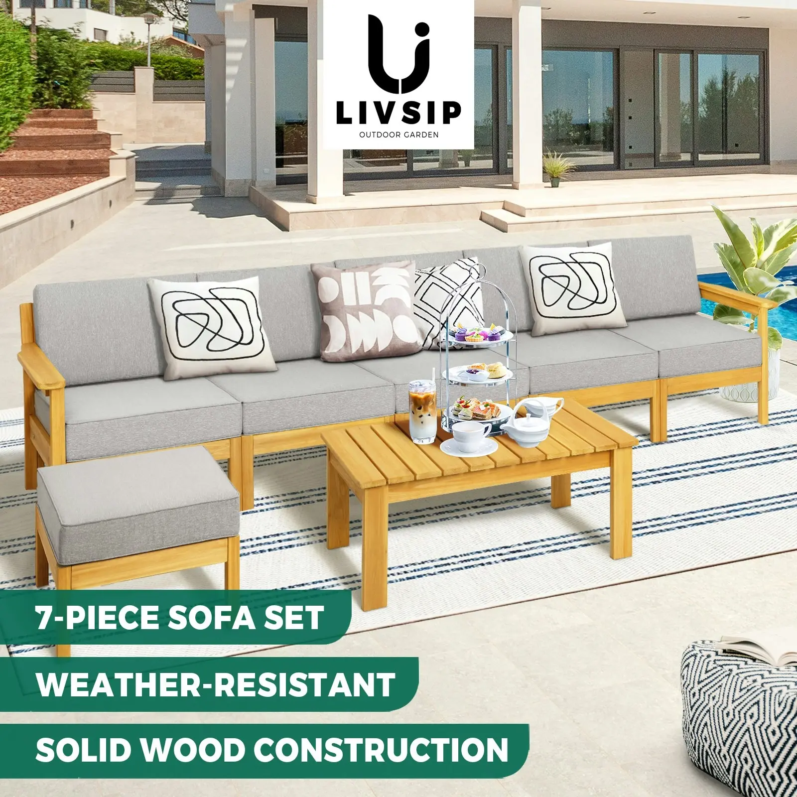 Livsip Outdoor Furniture Garden Wooden Sofa Set Patio Furniture Setting 7-Piece