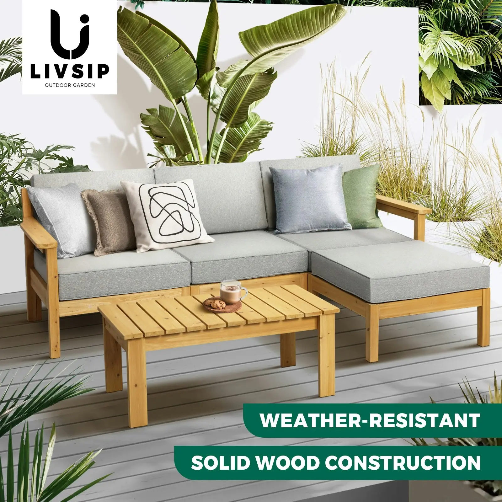 Livsip Outdoor Sofa Set Patio Furniture Wooden Table Chairs Garden Lounge 5Piece