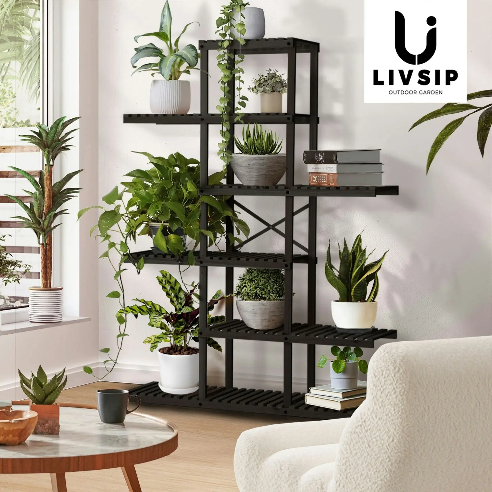 Livsip Plant Stand Outdoor Indoor 6 Tiers Flower Pots Rack Corner Shelf Black