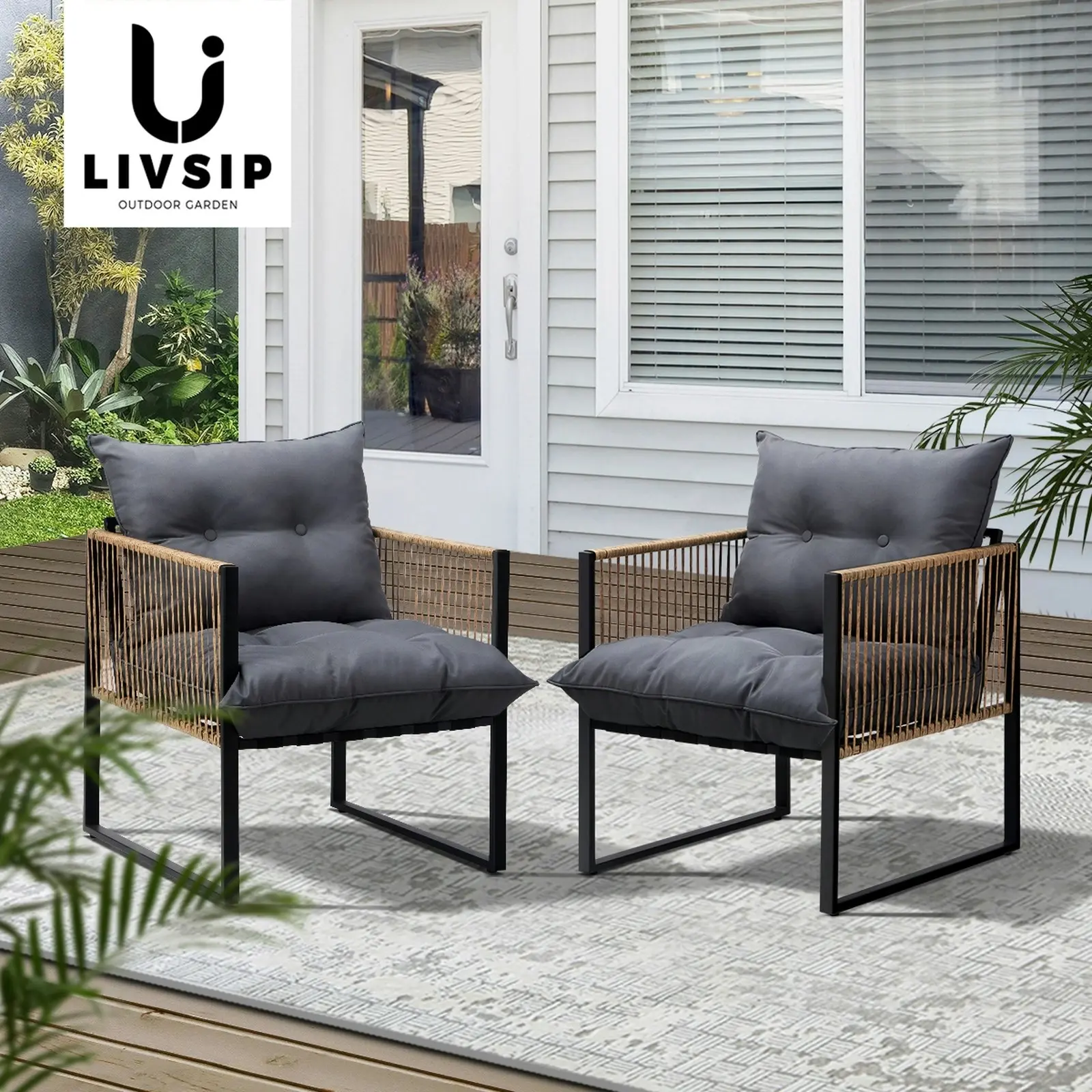 Livsip 2PCS Outdoor Furniture Chairs Garden Patio Garden Lounge Set PE Wicker