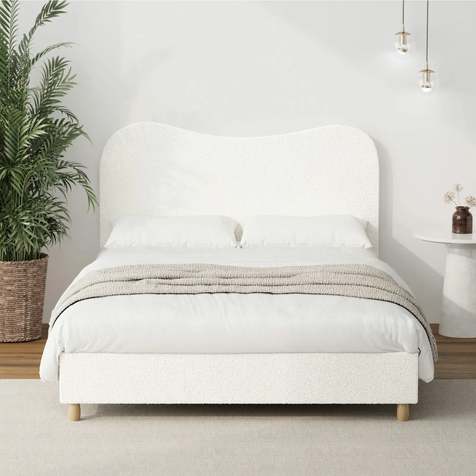 Oikiture Bed Frame Double Size White Boucle Cloud Shape