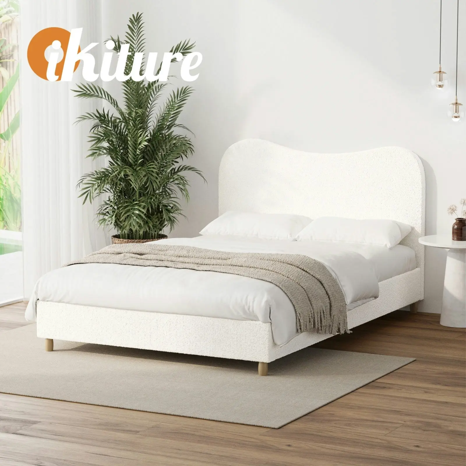 Oikiture Bed Frame Double Size White Boucle Cloud Shape