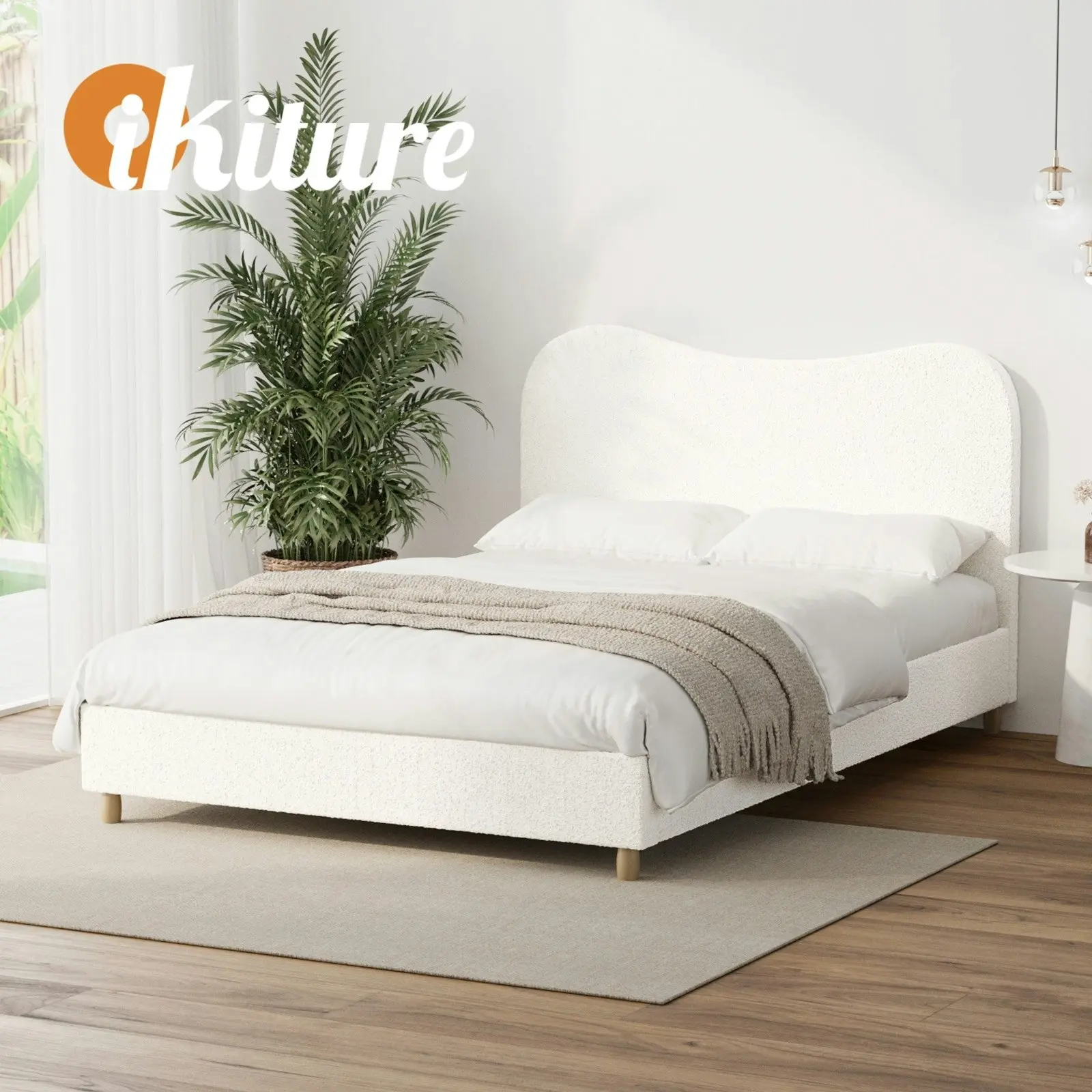 Oikiture Bed Frame Queen Size White Boucle Cloud Shape