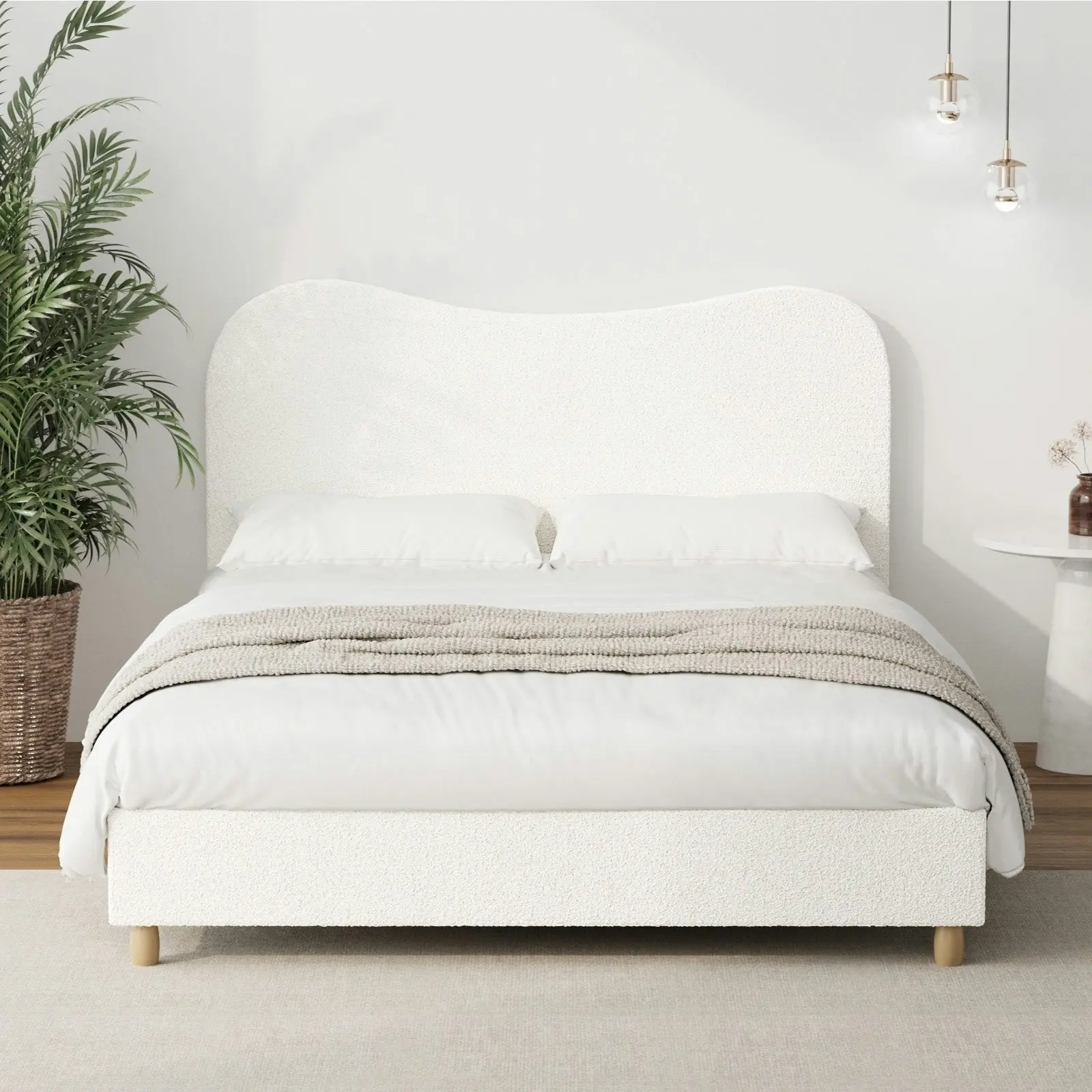 Oikiture Bed Frame Queen Size White Boucle Cloud Shape