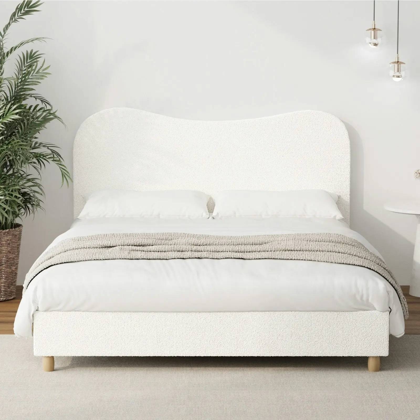 Oikiture Bed Frame King Size White Boucle Cloud Shape