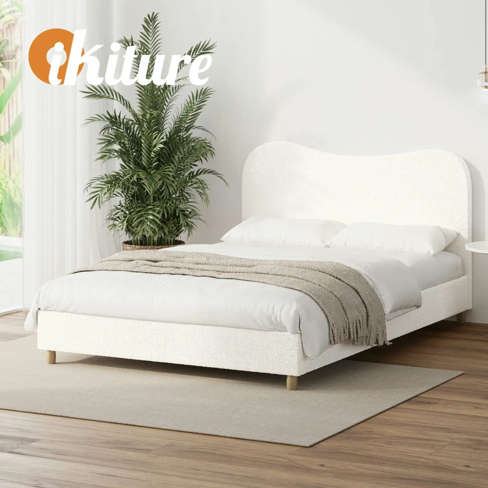 Oikiture Bed Frame King Size White Boucle Cloud Shape