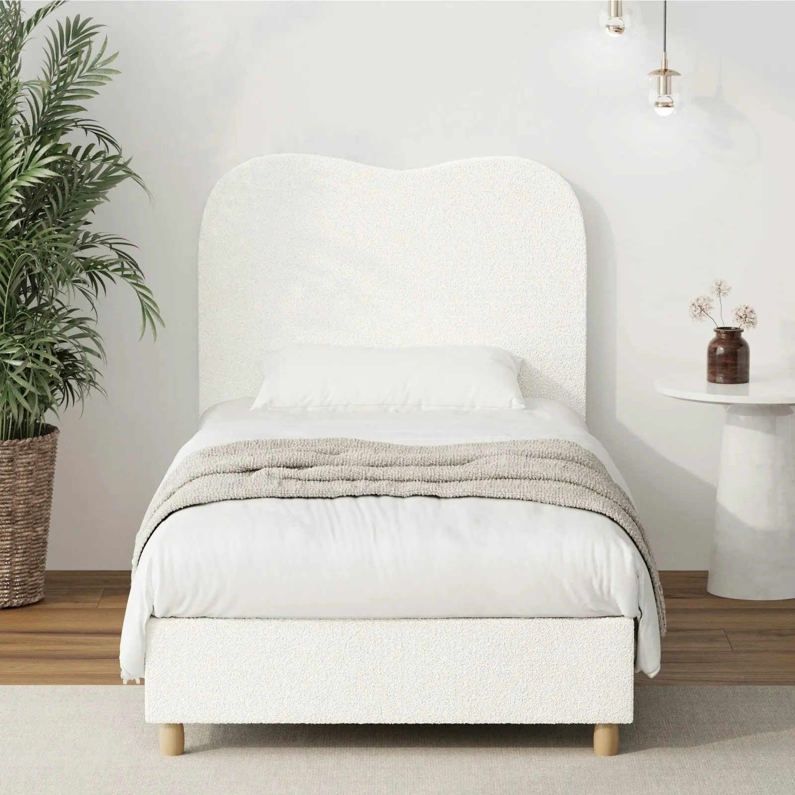 Oikiture Bed Frame Single Size White Boucle Cloud Shape