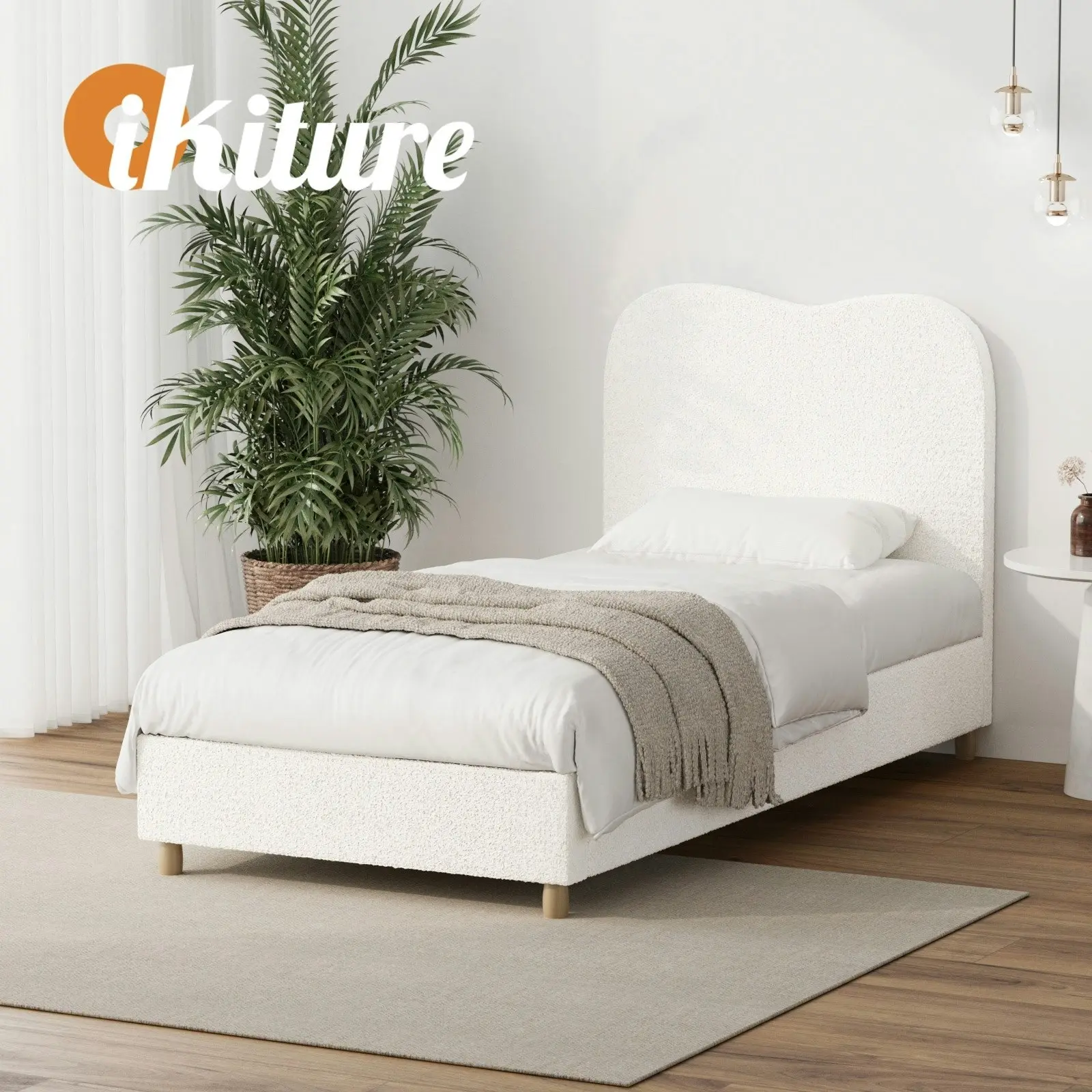 Oikiture Bed Frame Single Size White Boucle Cloud Shape