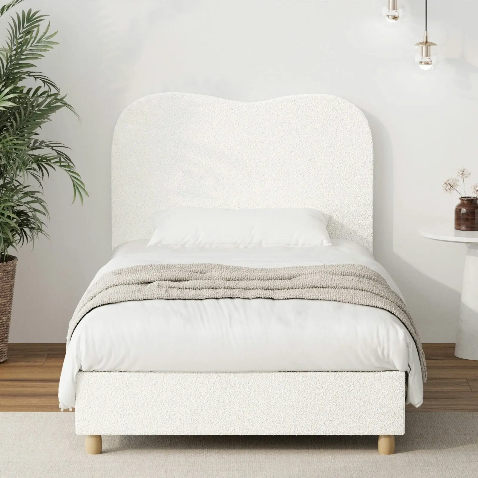 Oikiture Bed Frame King Single Size White Boucle Cloud Shape