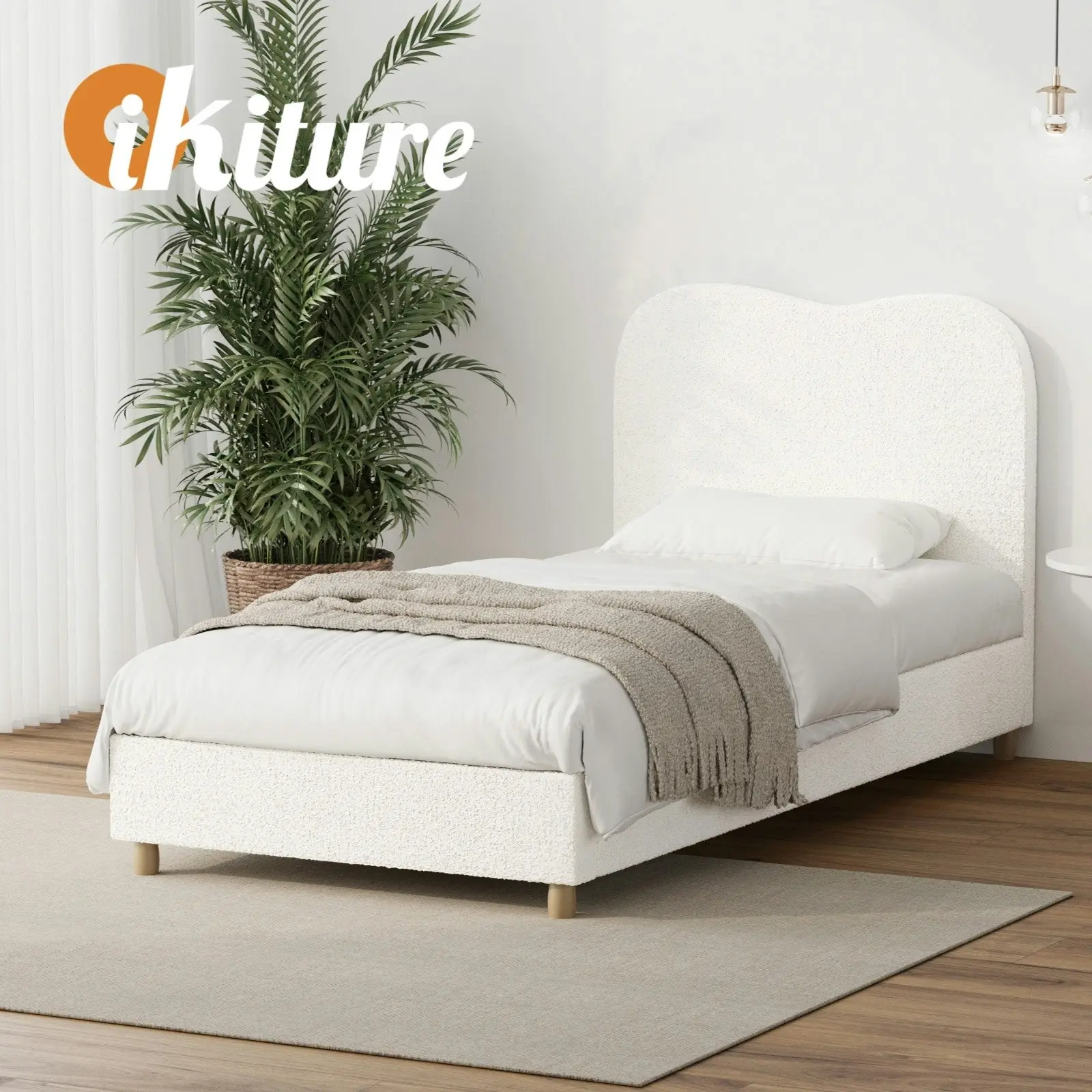 Oikiture Bed Frame King Single Size White Boucle Cloud Shape