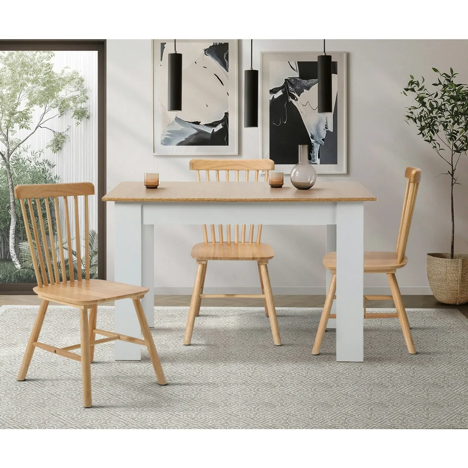 Oikiture 2x Dining Chairs Minimalist Vertical Back Chair Wooden Home Rubber Wood