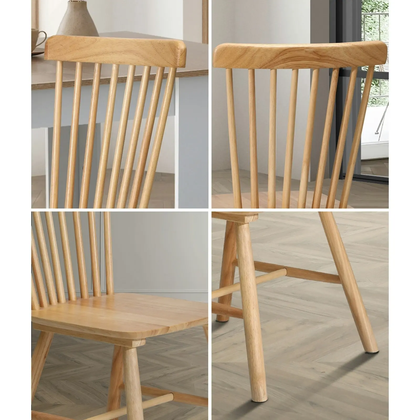 Oikiture 2x Dining Chairs Minimalist Vertical Back Chair Wooden Home Rubber Wood