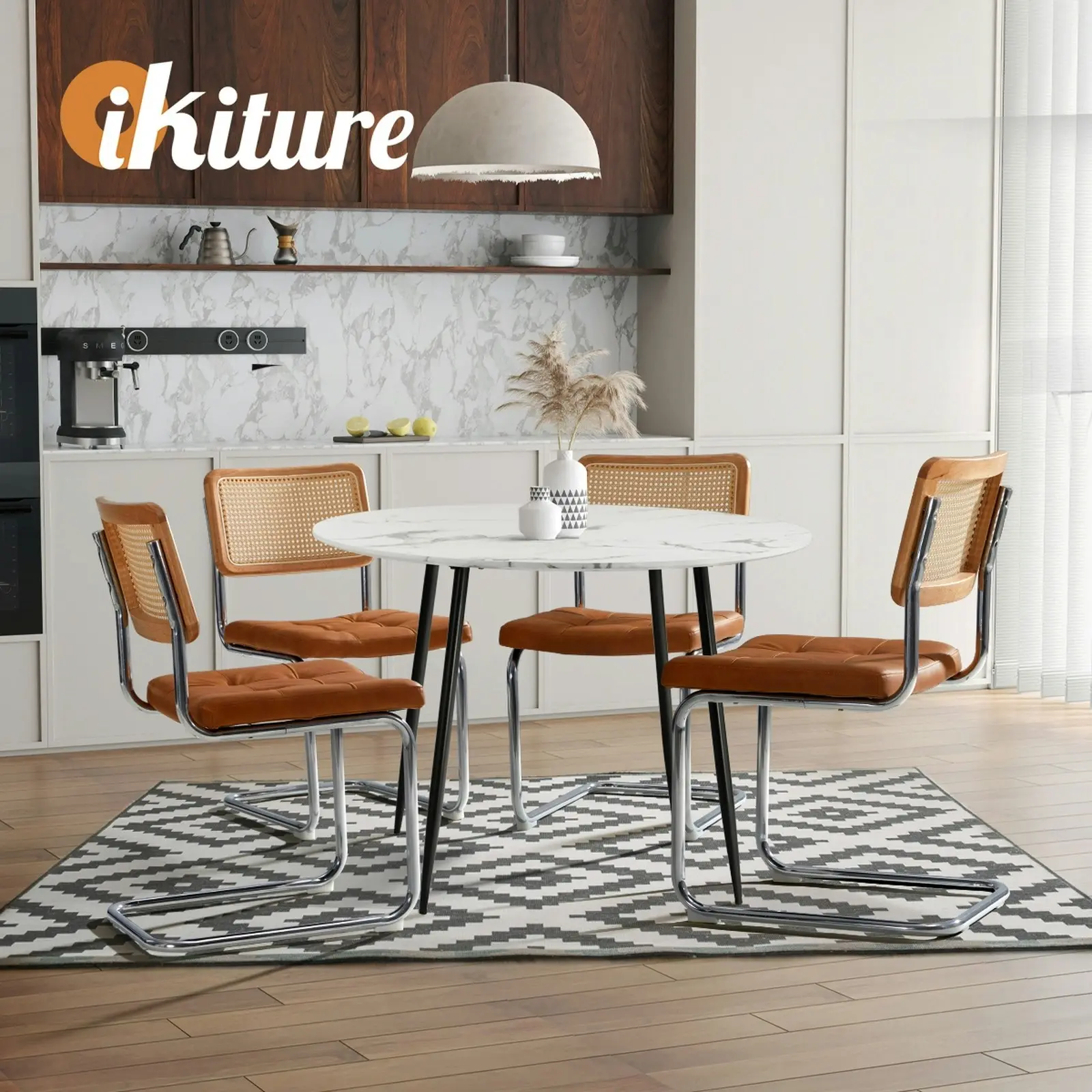 Oikiture 2x Rattan Dining Chair Cesca Replica Cantilever PU Leather Padded Brown