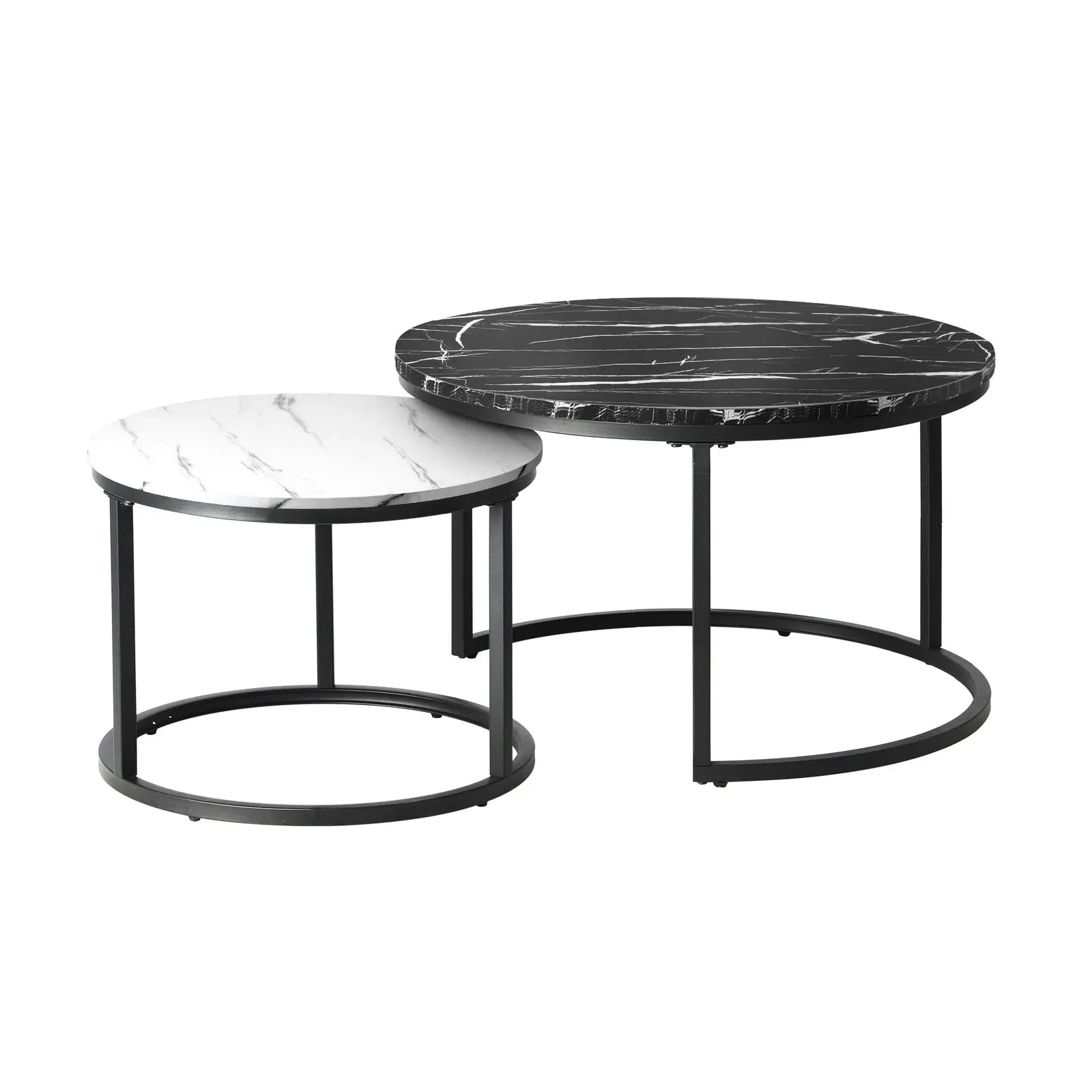 Oikiture Set of 2 Coffee Table Round Marble Nesting Side End Tables Black White