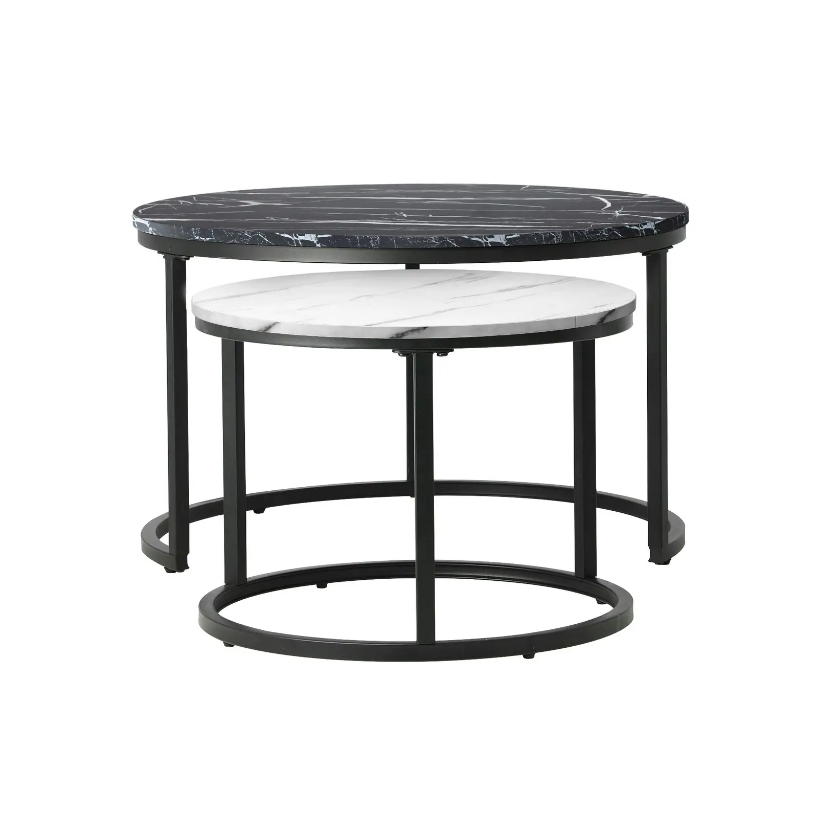 Oikiture Set of 2 Coffee Table Round Marble Nesting Side End Tables Black White