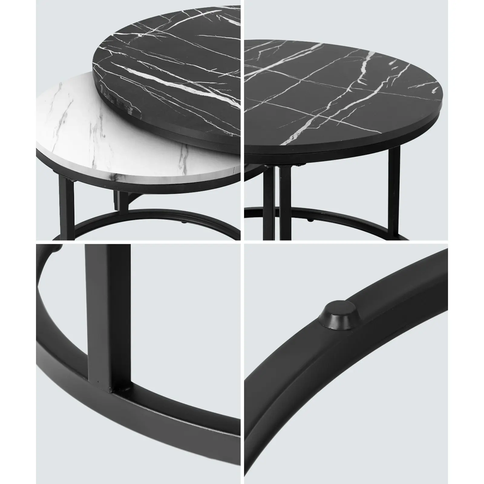 Oikiture Set of 2 Coffee Table Round Marble Nesting Side End Tables Black White