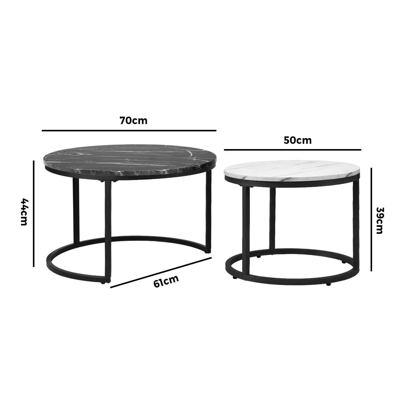 Oikiture Set of 2 Coffee Table Round Marble Nesting Side End Tables Black White