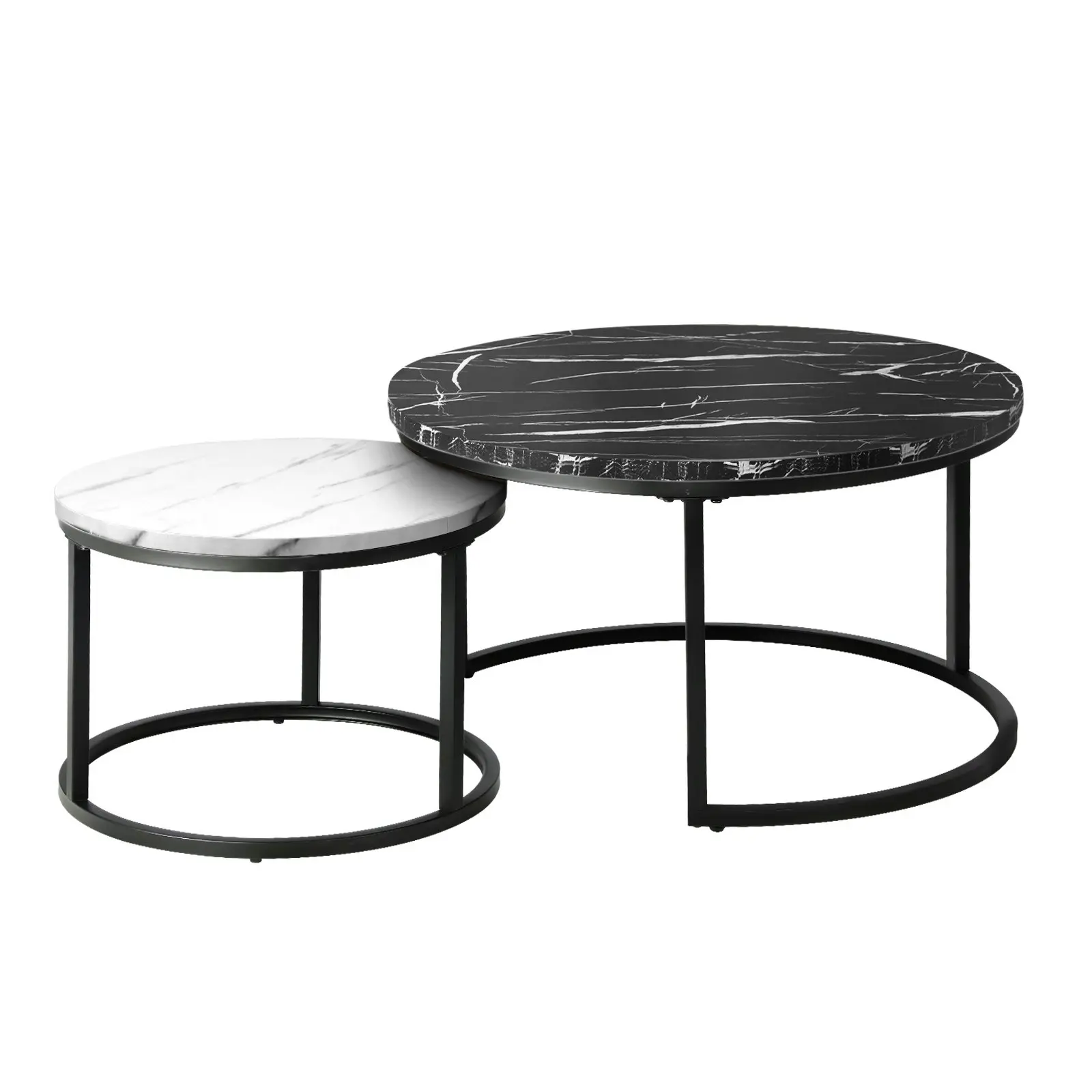 Oikiture Set of 2 Coffee Table Round Marble Nesting Side End Tables Black White