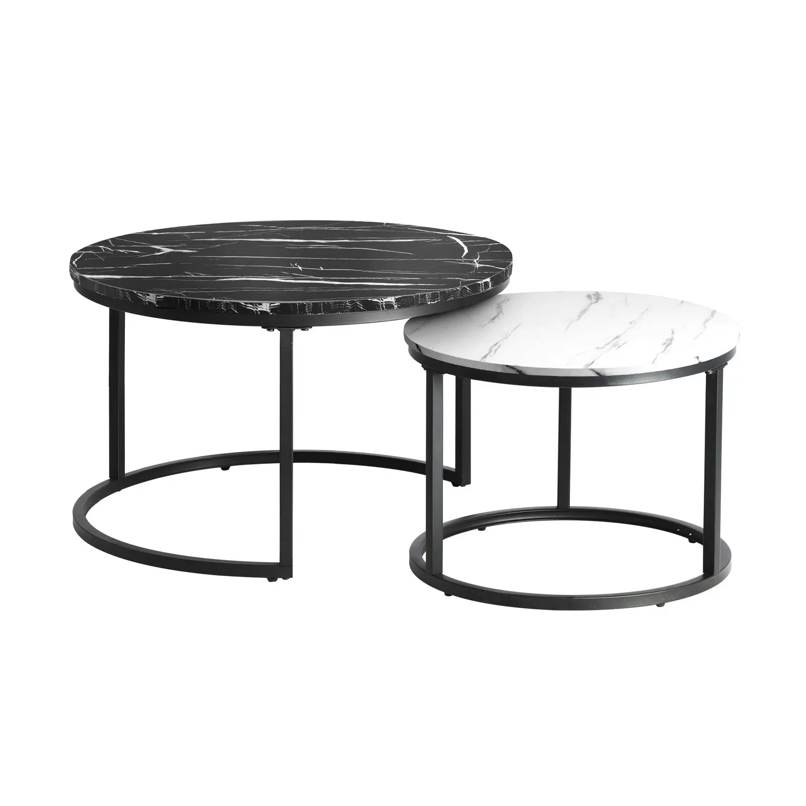 Oikiture Set of 2 Coffee Table Round Marble Nesting Side End Tables Black White