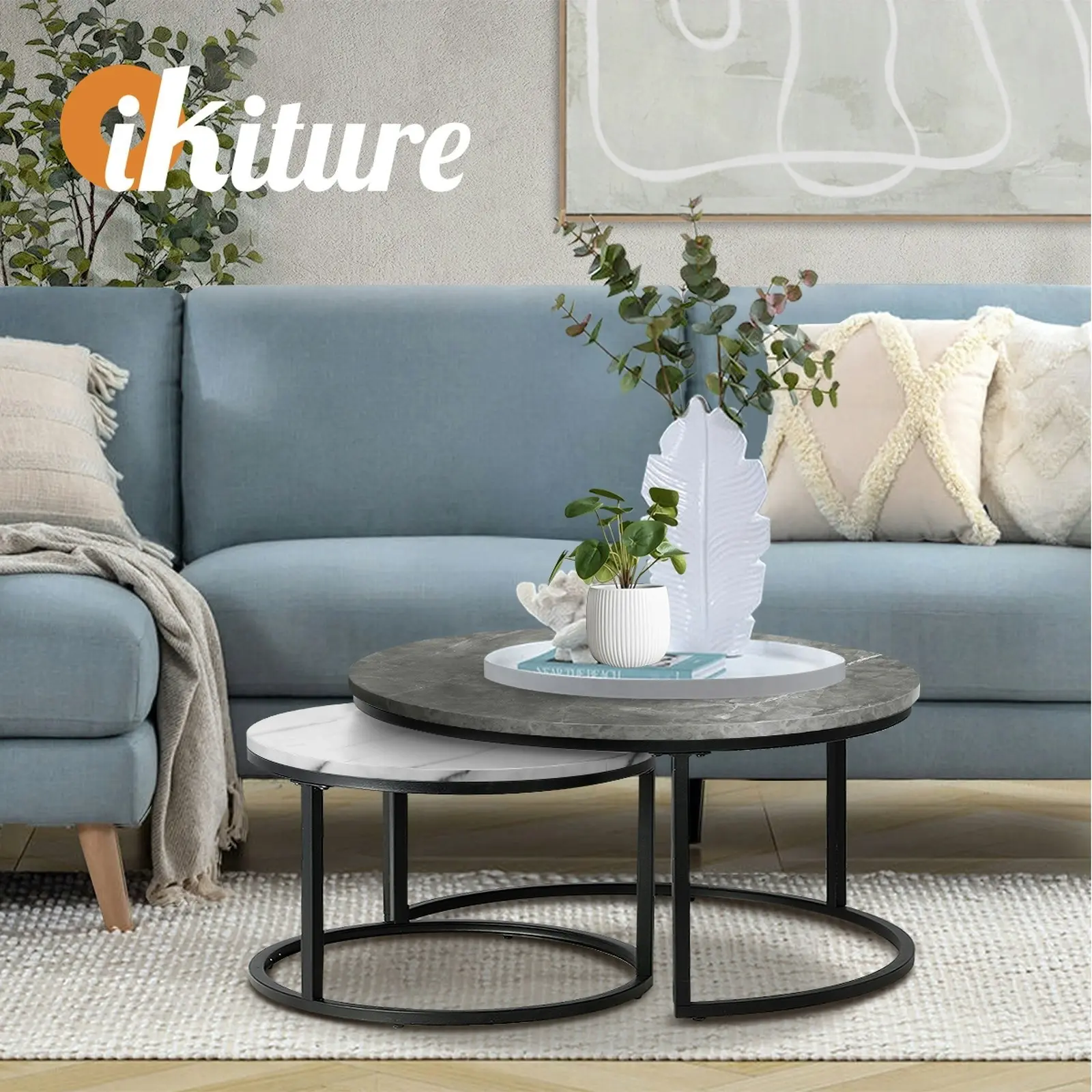 Oikiture Set of 2 Coffee Table Round Marble Nesting Side End Tables Grey & White