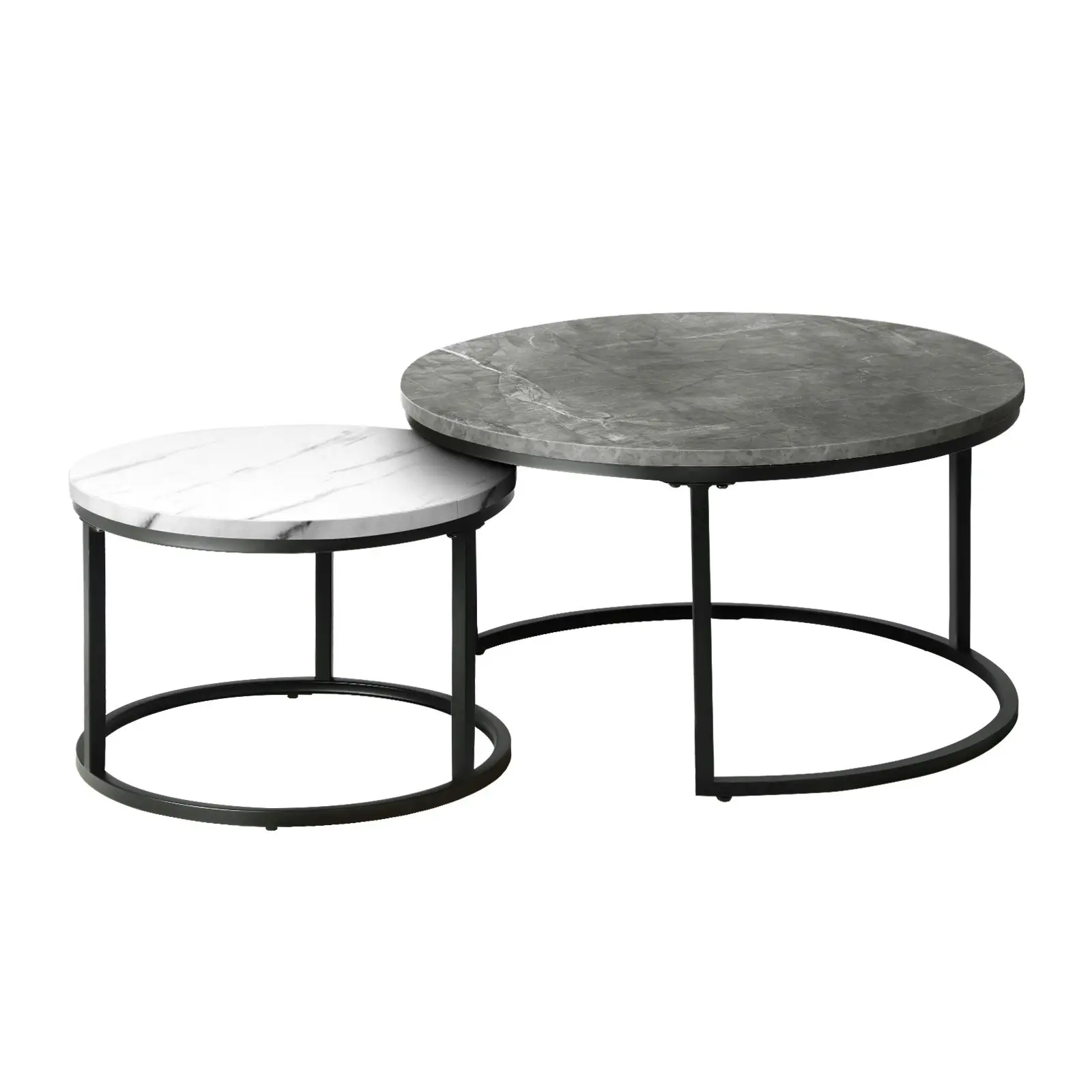 Oikiture Set of 2 Coffee Table Round Marble Nesting Side End Tables Grey & White