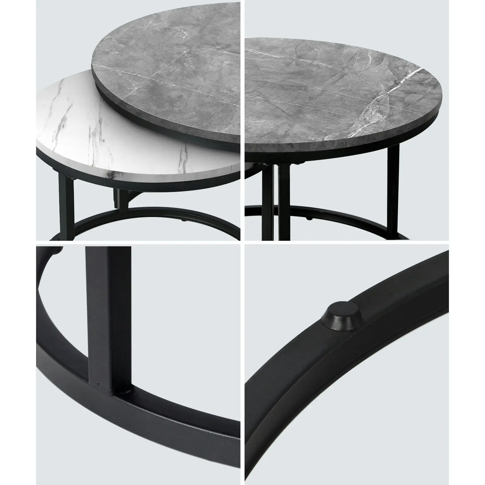 Oikiture Set of 2 Coffee Table Round Marble Nesting Side End Tables Grey & White