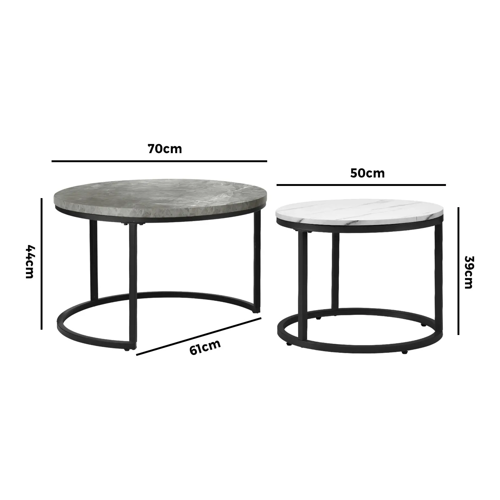 Oikiture Set of 2 Coffee Table Round Marble Nesting Side End Tables Grey & White