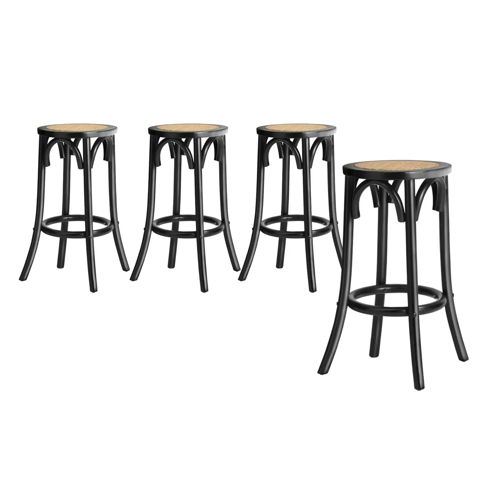 Oikiture 4x Bar Stools Kitchen Vintage Dining Chair Rattan Seat Black