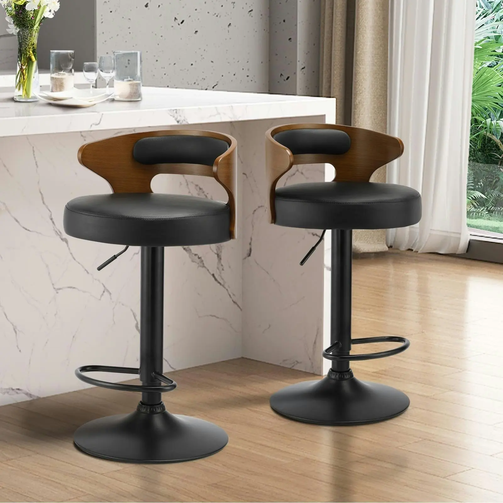 Oikiture 4x Bar Stools Kitchen Gas Lift Swivel Chairs Stool Wooden Barstool Black