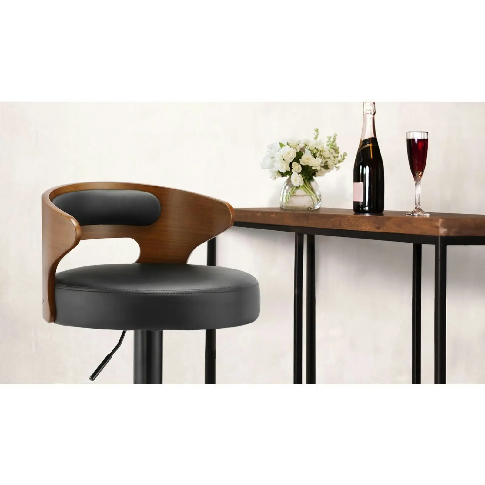 Oikiture 4x Bar Stools Kitchen Gas Lift Swivel Chairs Stool Wooden Barstool Black