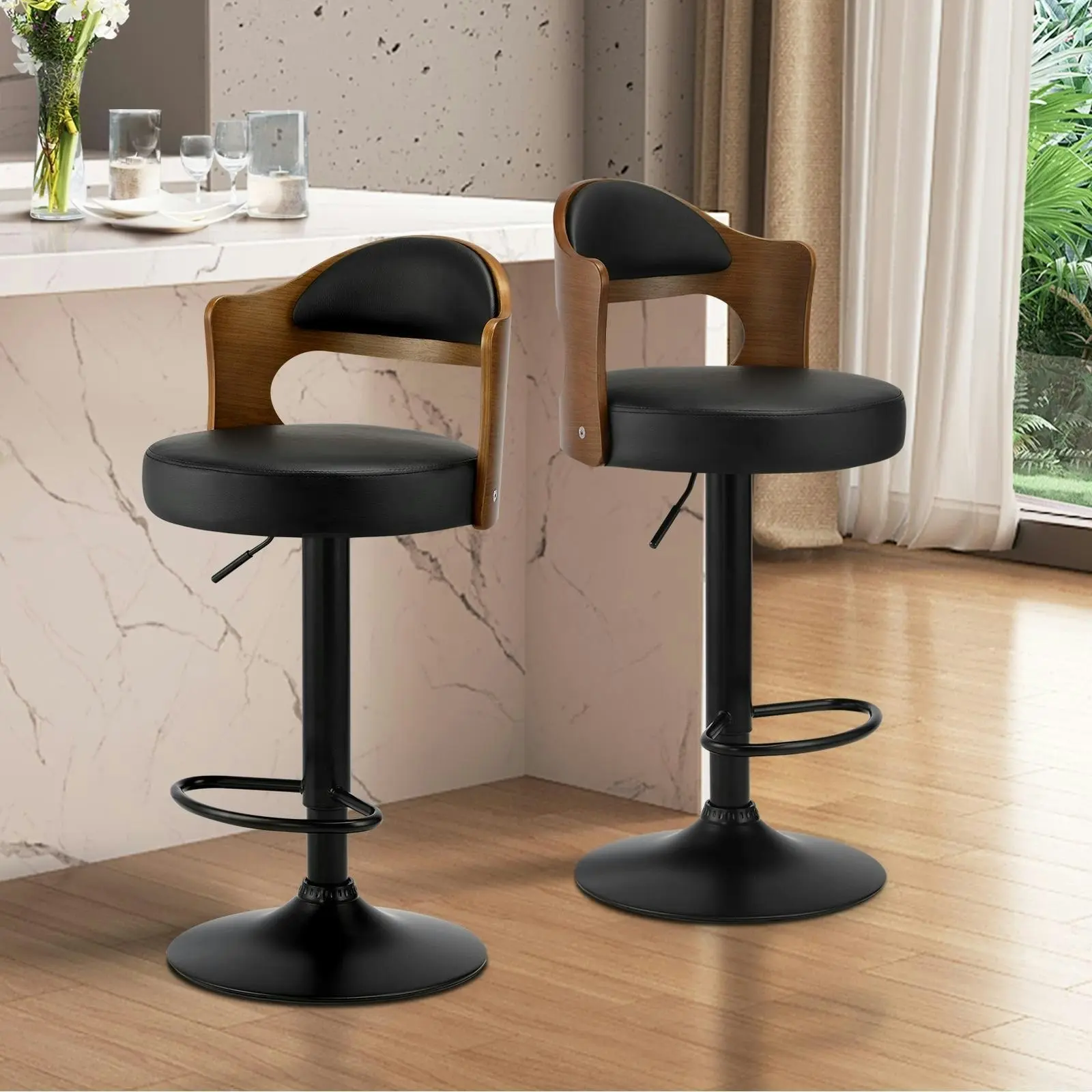 Oikiture 4x Bar Stools Kitchen Swivel Barstool Chair Gas Lift Metal Leather