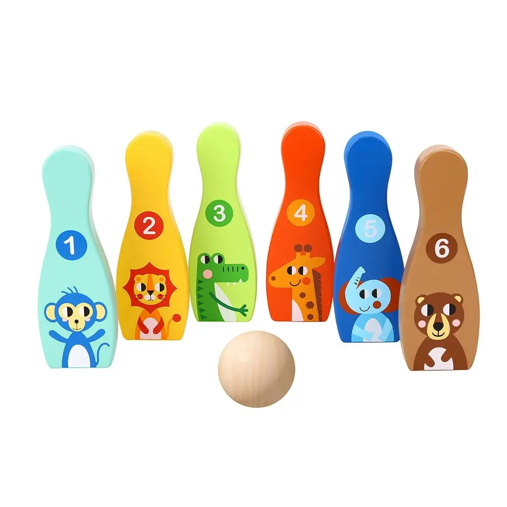 7pc Tooky Toy Kids/Children Wooden Educational Bowling Game Jungle Animals 3y+