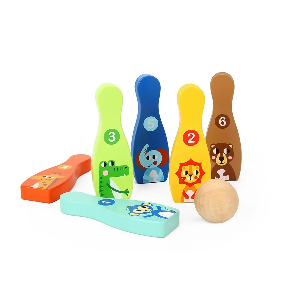 7pc Tooky Toy Kids/Children Wooden Educational Bowling Game Jungle Animals 3y+