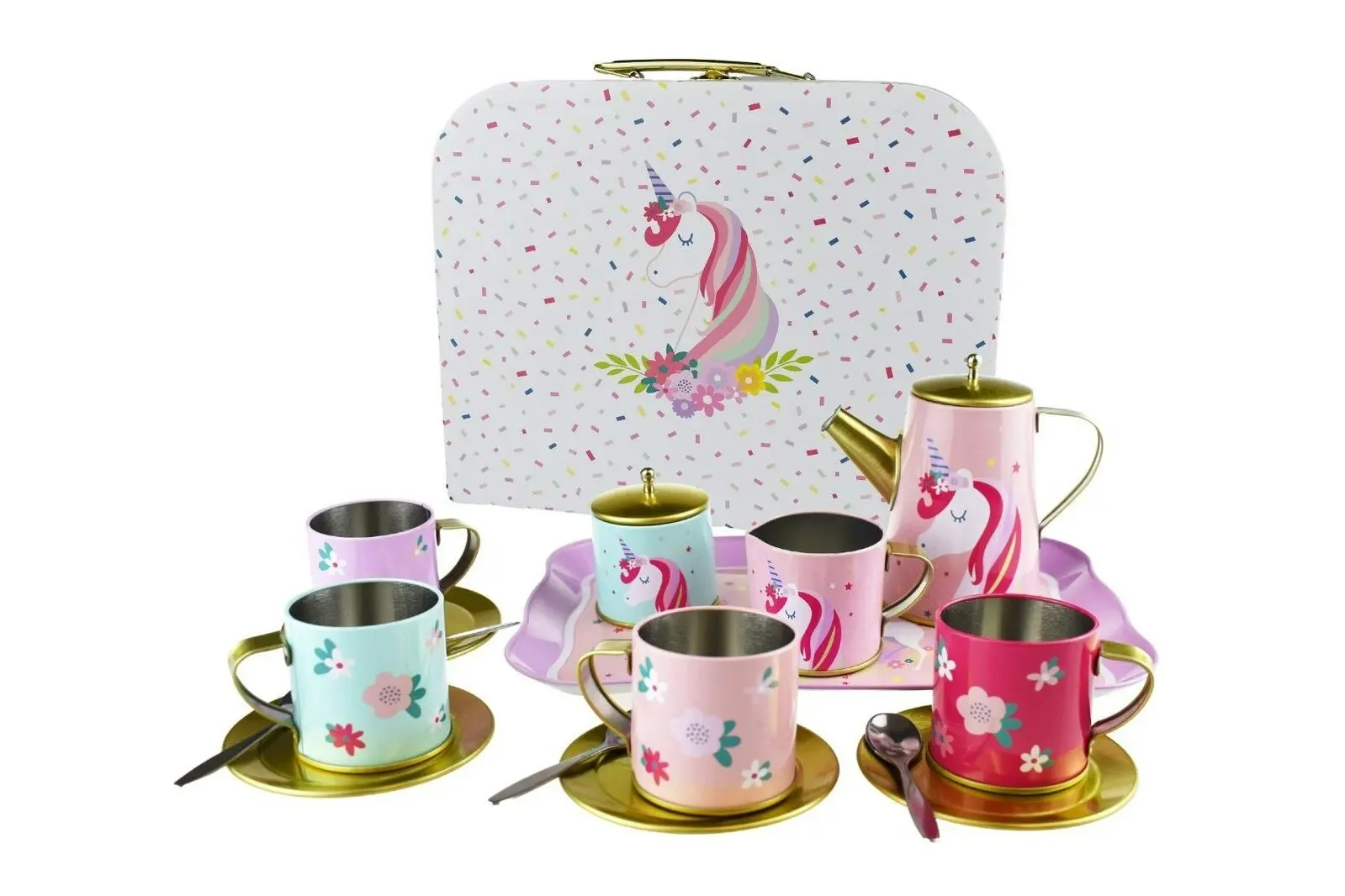 18pcs Kaper Kidz Deluxe Unicorn Themed Tin Teacup Set Suitcase For Children 3+